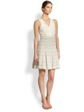 NWT Rebecca Taylor White Gray Lace Tweed Brocade V-Neck Pleated Dress Size 8